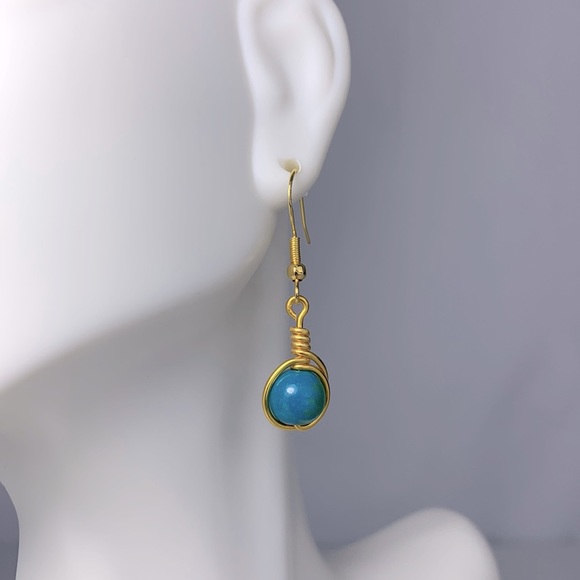 Handmade Wire Wrapped Blue & Green Bead Earrings - Picture 3 of 4